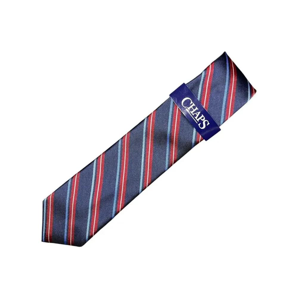CHAPS Men’s Striped Necktie Navy Red Blue White 100% Polyester NWT